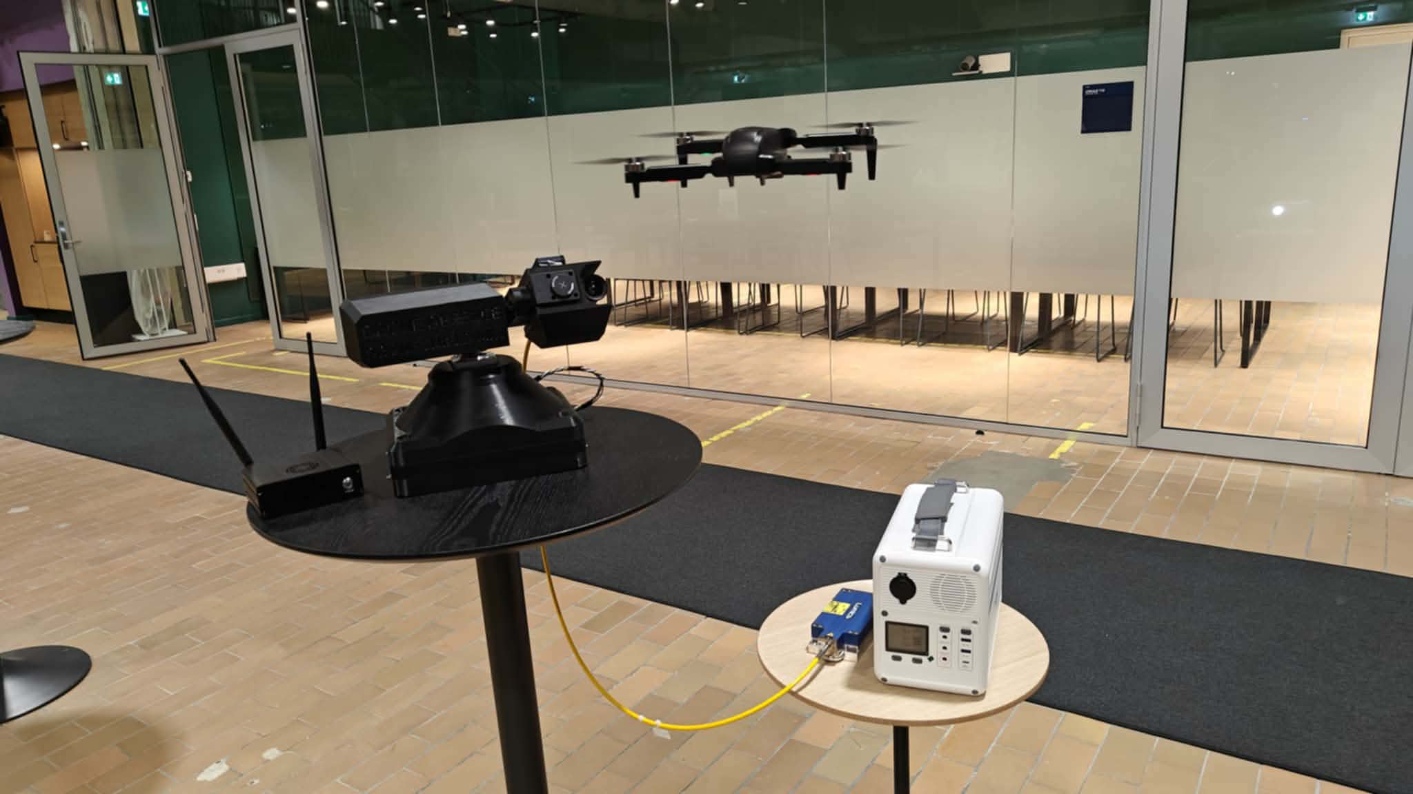 Drone Shield MK1 prototype tracking a drone during indoor testing